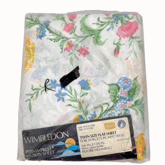 NIP VTG Wimbledon Perma-Prest Muslin Floral Print Twin Flat Sheet 66x104 - Picture 2 of 4
